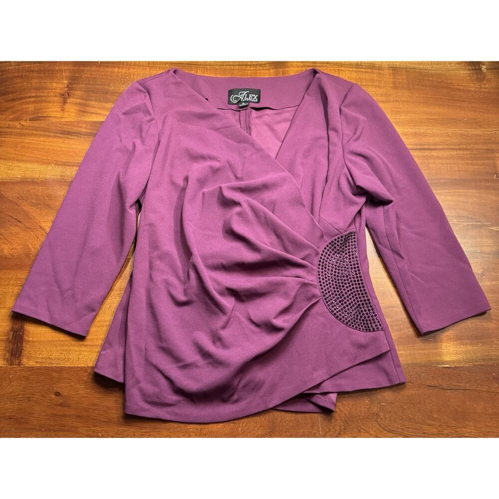 Alex Evenings Women's Purple 3/4 Sleeve Stretch Studded Jeweled Blouse Sz XL